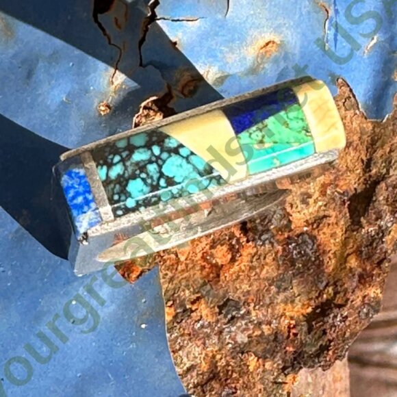 Vintage Sterling Silver Turquoise Inlay Square Ring Navajo Larry Castillo 7.5 - Picture 12 of 13